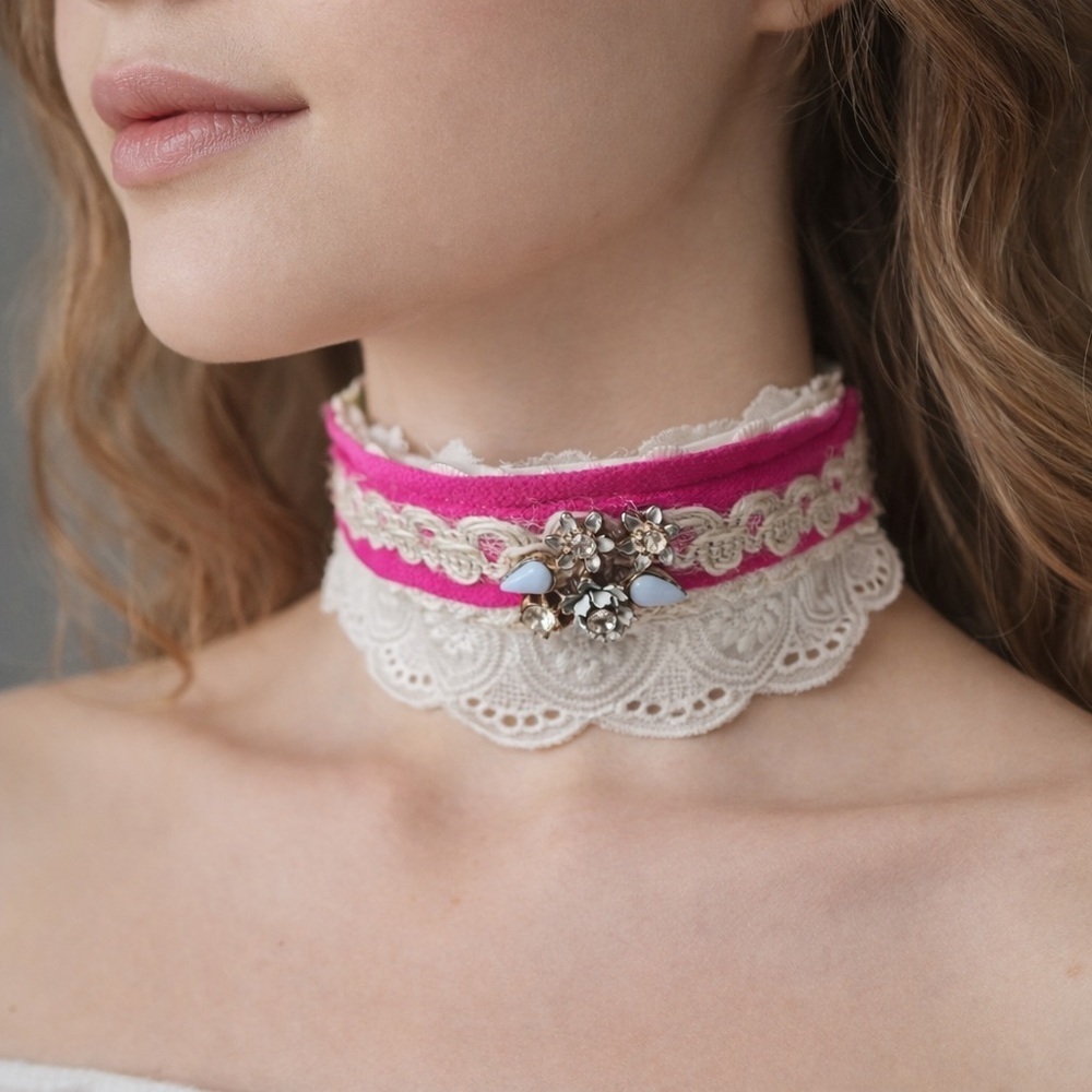 Boho OOAK Fabric Choker Shabby Chic Lace Necklace Collar Handmade Fiber Art NEW